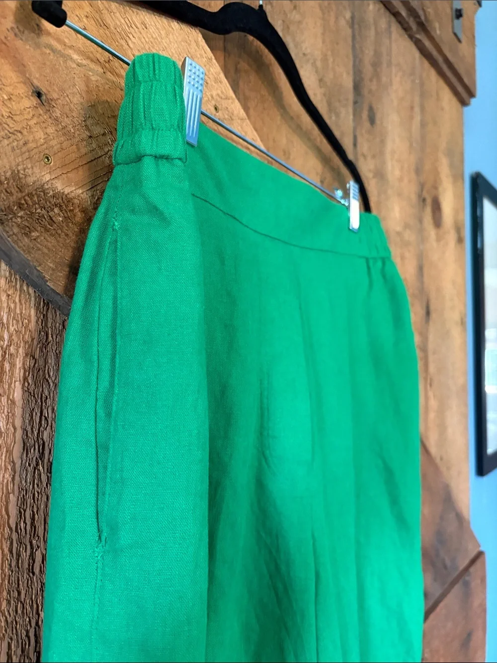 Zara Green Wide Leg Linen Blend Pants High Waist Trousers Womens Large